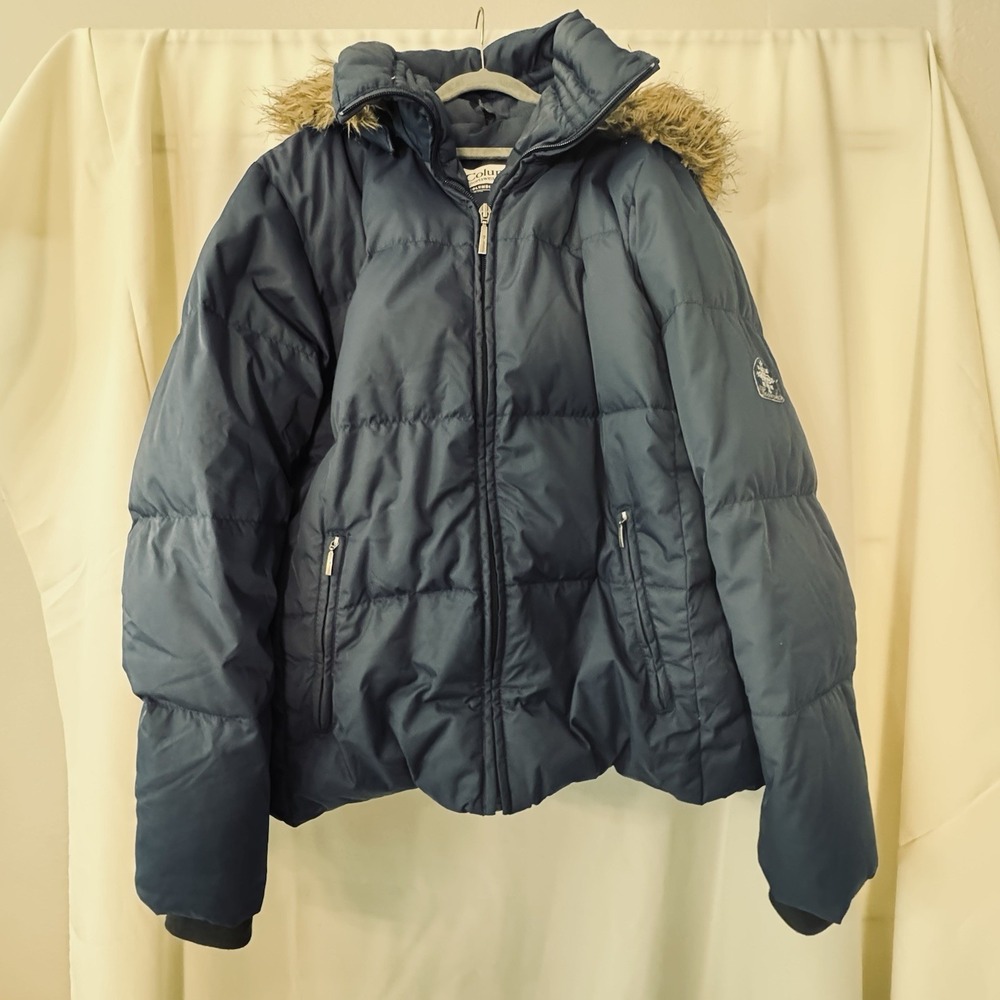 Columbia Navy Down Puffer Jacket Faux Fur Hood Cozy Winter Après Ski